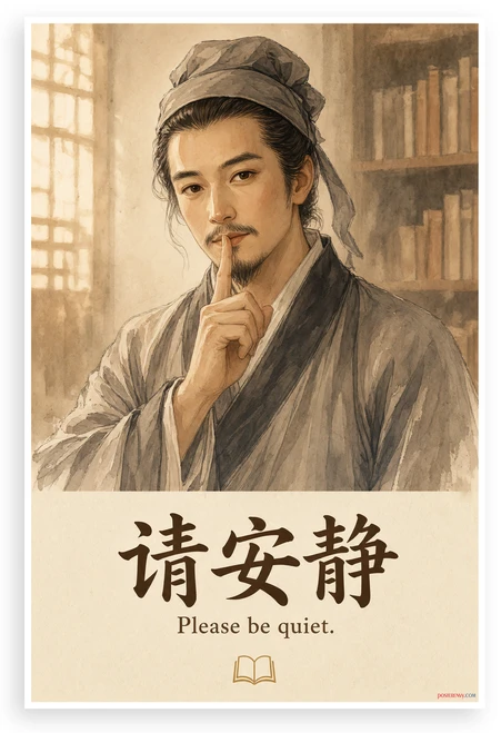 Chinese Scholar Please Be Quiet Library Poster 12"x18" US Made Poster
