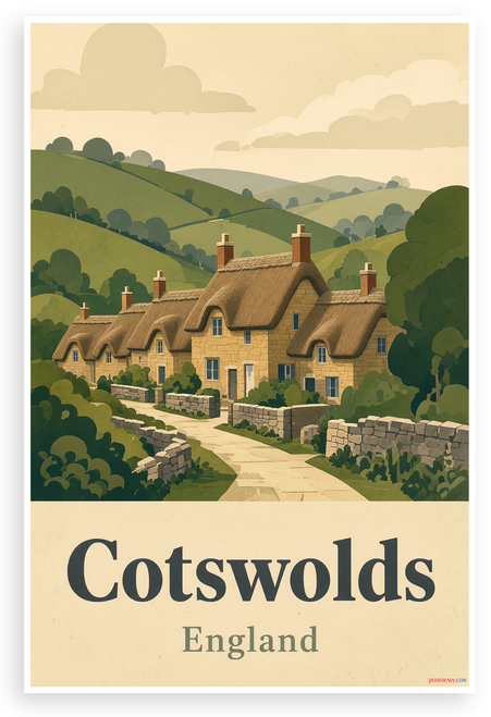 Cotswolds England Thatched Cottage Village Landscape 12"x18" US Made Poster