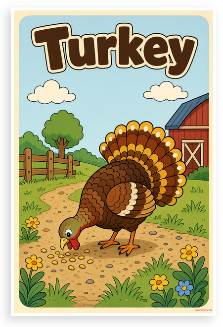 Turkey Farm Animal Children's Illustration 12"x18" US Made Poster