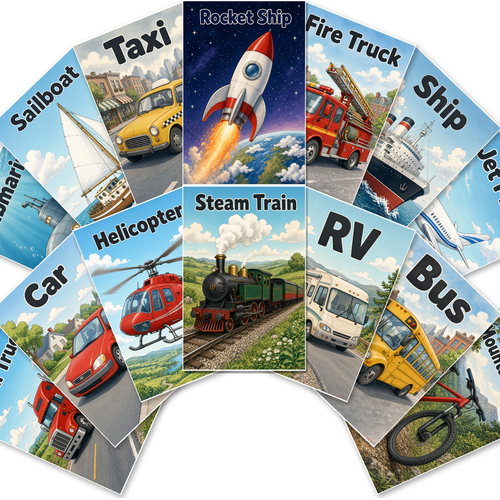 Transportation Adventures — 14 Poster Set — Submarine, Jet Plane, Sailboat, Ocean Liner, Fire Truck, Rocket, Semi Truck, School Bus, Car, Helicopter, RV, Steam Train & more — 12x18 Inch | Made in USA