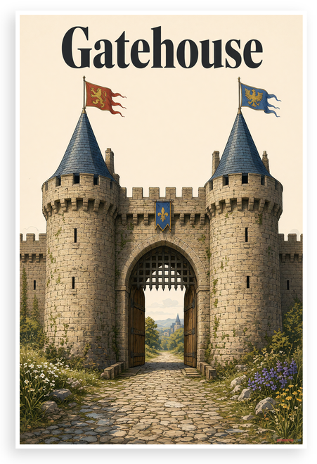 Gatehouse Medieval Castle Entrance Vintage Illustration 12"x18" US Made Poster
