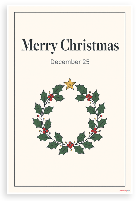 Merry Christmas December 25 Holiday Wreath 12"x18" US Made Poster