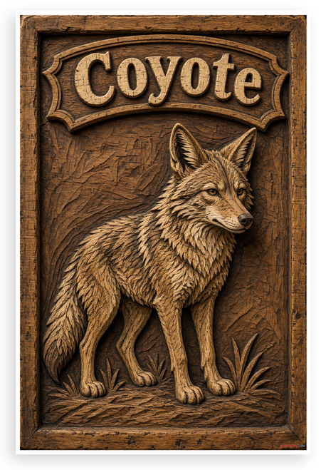 Coyote Rustic Carved Wood Wildlife 12"x18" US Made Poster