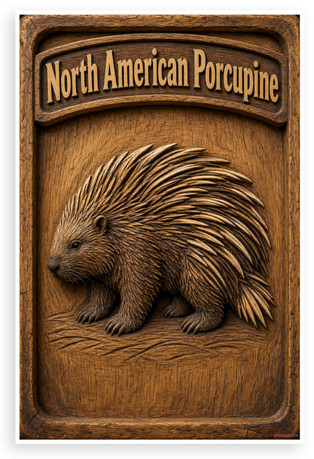 North American Porcupine Carved Wood Wildlife 12"x18" US Made Poster