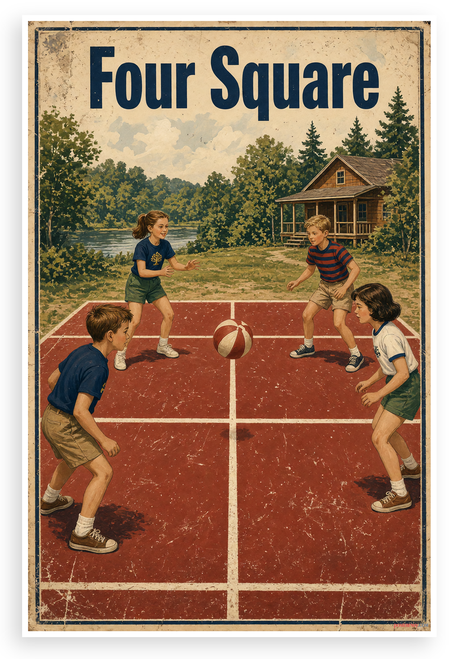 Four Square Kids Playing Vintage Camp Sign 12"x18" US Made Poster