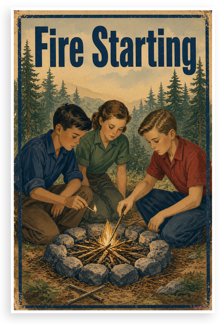 Fire Starting Vintage Camping Scene 12"x18" US Made Poster