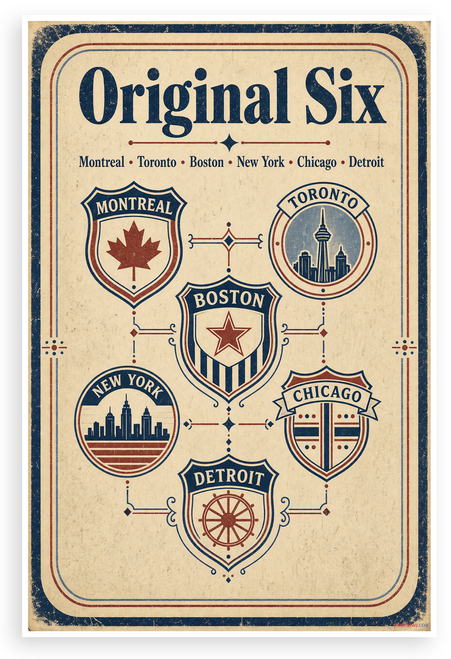 Original Six Hockey Crests Vintage Style 12x18 US Made Poster