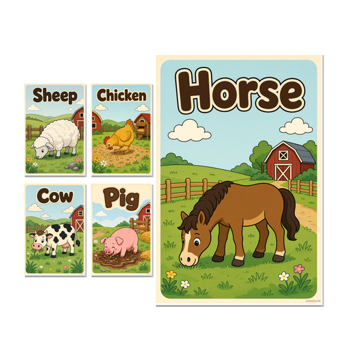 Farm Animals — 5 Poster Set — Sheep, Cow, Pig, Chicken, Horse — 12x18 Inch | Made in USA