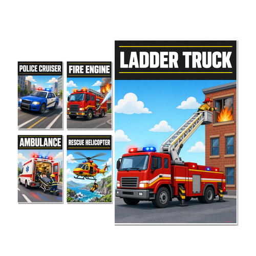 Emergency Vehicles — 5 Poster Set — Police Cruiser, Ambulance, Rescue Helicopter, Fire Engine, Ladder Truck — 12x18 Inch | Made in USA | Child's Bedroom Decor