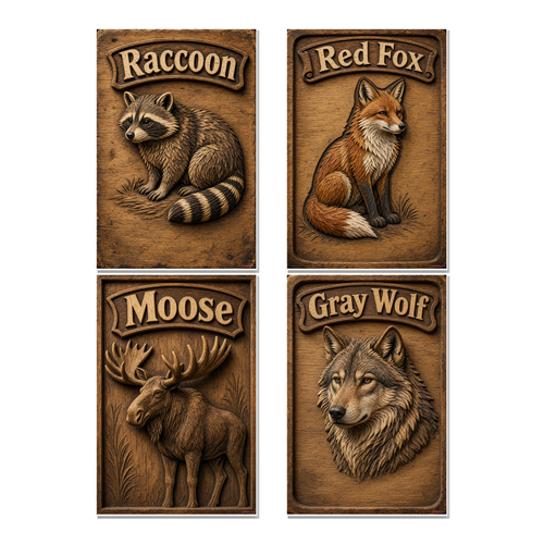 Rustic Carved Wood Wildlife — 4 Poster Set — Raccoon, Red Fox, Moose, Gray Wolf — 12x18 Inch | Made in USA