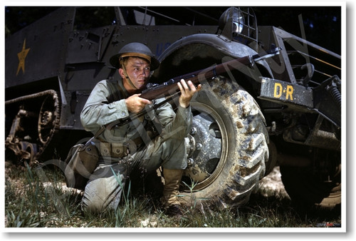 WWII Infantryman in front of M3 Half-track w M1 Garand Fort Knox Kentucky June 1942 - NEW Vintage Photograph Poster