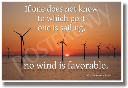 Wind turbines at sunset in the bay - alternative energy global warming climate change - If One Does Not Know to Which Port One Is Sailing, No Wind Is Favorable - Lucius Seneca - NEW Classroom Motivational PosterEnvy Poster 