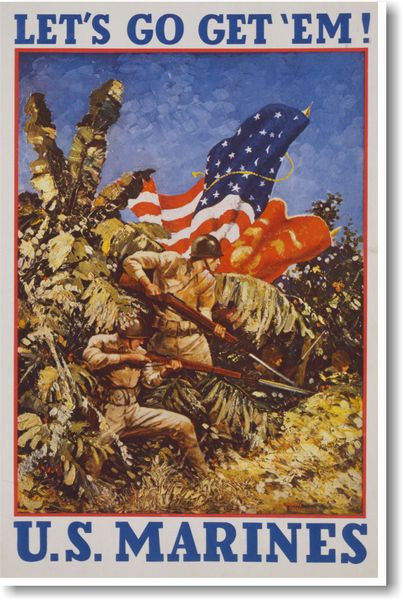 US Marines - Let's Go Get Em! NEW VINTAGE WWII MARINES ERA POSTER