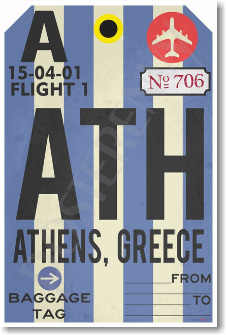 ATH - Athens, Greece Airport Tag - NEW World Travel Poster 