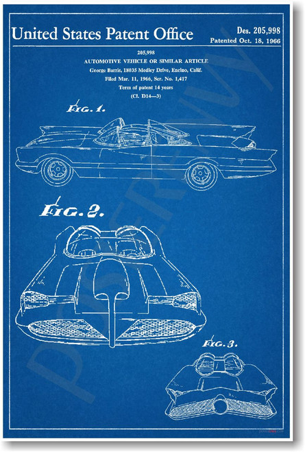 Batmobile Patent - NEW Famous Invention Blueprint Batman and Robin Superheroes Poster (fa115)