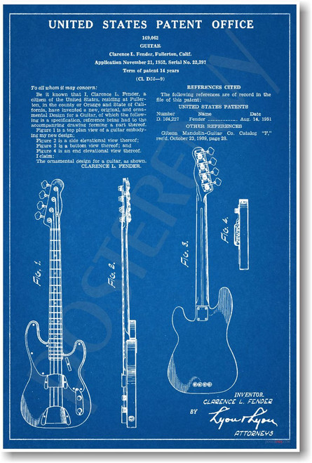 Fender Electric Bass Patent - NEW Famous Invention Blueprint PosterEnvy Music Poster (fa117)