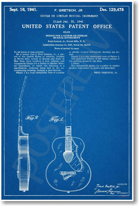 Gretsch Guitar Patent - NEW Famous Invention Blueprint Poster (fa119)
