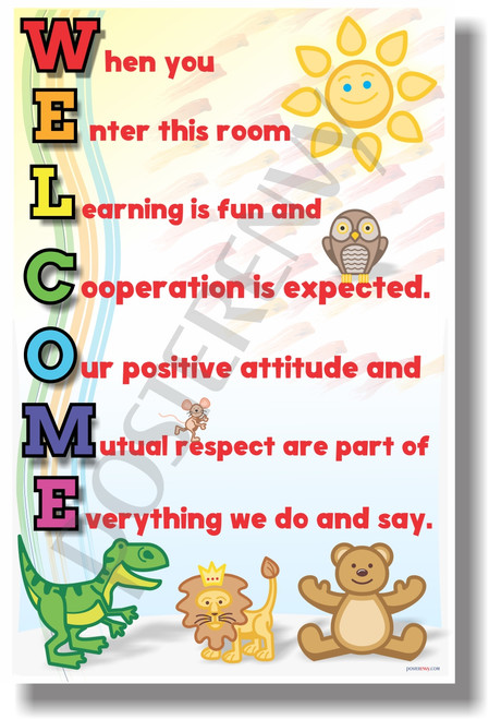 Welcome When You Enter This Room chalkboard New Classroom Motivational Poster (cm1186) learning teachers students friendly animals stuffed