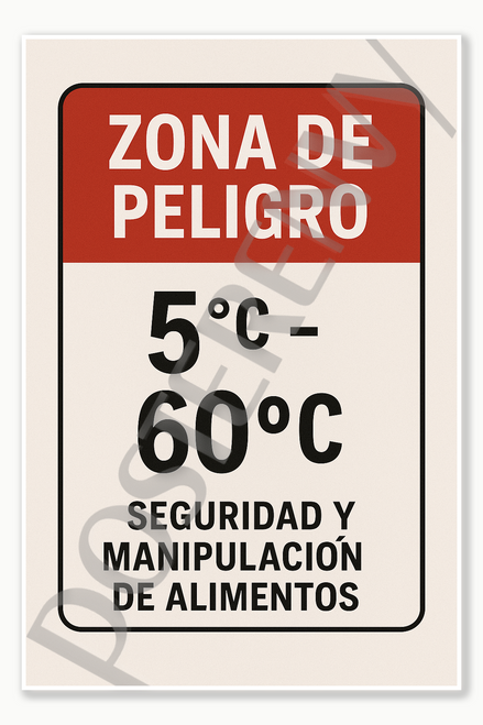 Zona de Peligro 41F 140F - Food Safety Kitchen Restaurant Poster - Spanish Poster 18 inch x 12 inch