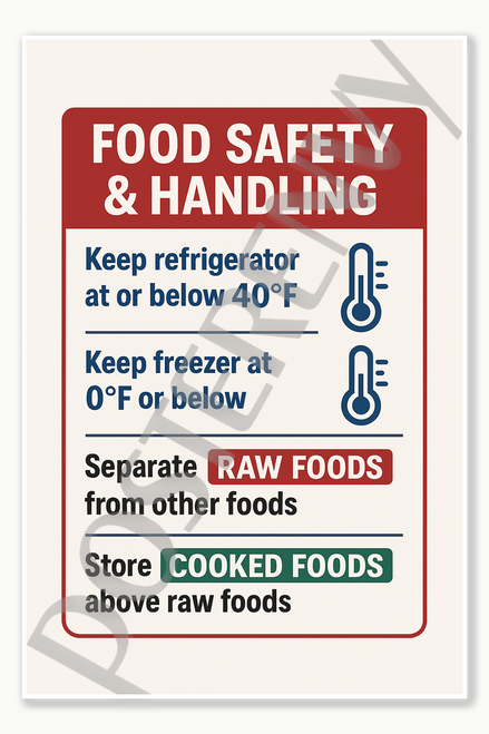 Guidelines for refrigerator and freezer temperatures with color-coded labels for raw and cooked foods restaurant kitchen food safety poster Poster - 18 inch x 12 inch