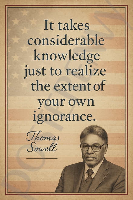 Thomas Sowell Famous Quote Poster – "Considerable Knowledge to Realize Your Own Ignorance" – 18 inch x 12 inch