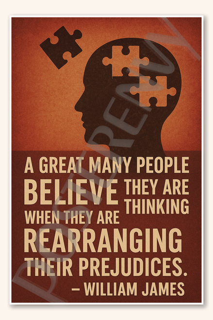 A great many people believe they are thinking when they are merely rearranging their prejudices - William James Poster - 18 inch x 12 inch