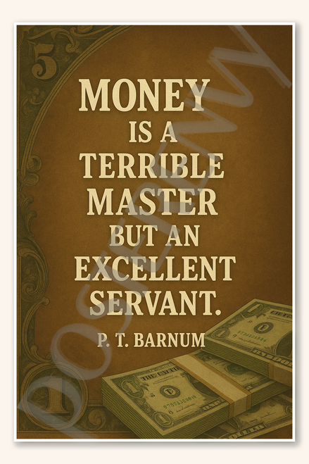 Money is a terrible master but an excellent servant - PT Barnum Poster - 18 inch x 12 inch
