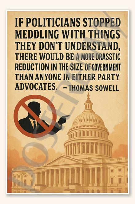 If politicians stopped meddling with things they don't understand, there would be a more drastic reduction in the size of government - Thomas Sowell Poster - 18 inch x 12 inch