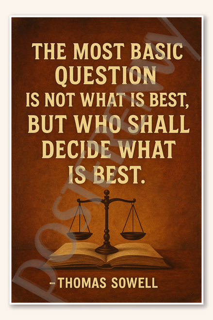 The most basic question is not what is best, but who shall decide what best - Thomas Sowell Poster - 18 inch x 12 inch