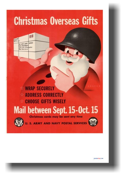 Santa Claus in an army helmet shipping package for Christmas - Vintage WW2 Poster