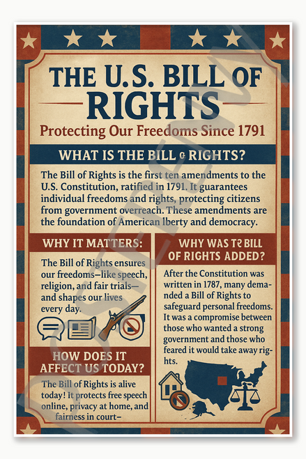 Bill of Rights - What is the Bill of Rights History Civics Government Classroom Poster - 18 inch x 12 inch