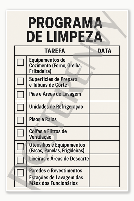 Cleaning schedule for high-touch surfaces and utensils - Portuguese Restaurant Kitchen Workplace Food Safety Employee sign poster - 18 inch x 12 inch