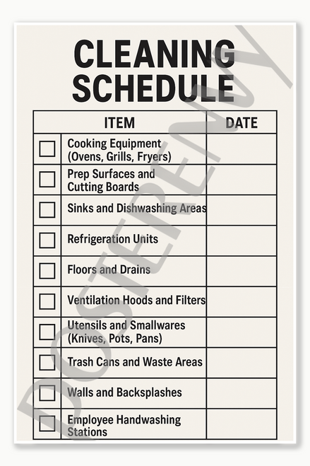 Cleaning schedule for high-touch surfaces and utensils Restaurant Kitchen Workplace Food Safety Employee sign poster - 18 inch x 12 inch