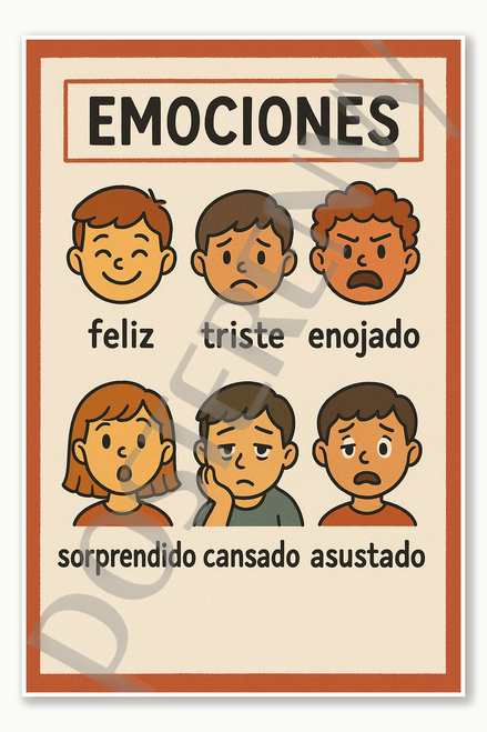 Spanish Vocabulary Emotions Emociones Poster - 18 inch x 12 inch