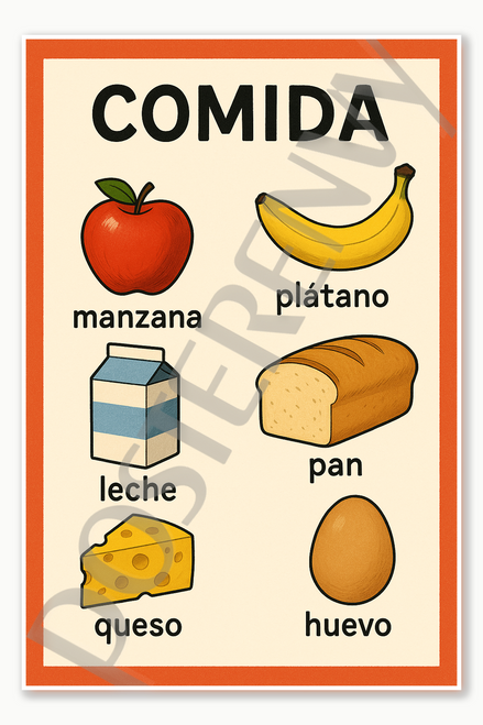 Spanish Vocabulary Food Comida Poster - 18 inch x 12 inch