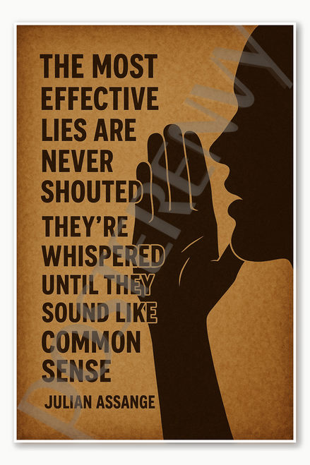 The most effective lies are never shouted Theyre whispered until they sound like common sense Julian Assange Poster - 18 inch x 12 inch
