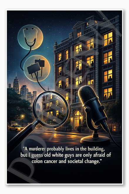 A murderer probably lives in the building but I guess old white guys are only afraid of colon cancer and societal change 1 Poster - 18 inch x 12 inch