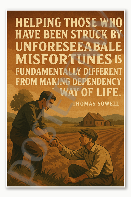 Helping those who have been struck by unforeseeable misfortunes is fundamentally different from making dependency a way of life - Thomas Sowell Poster - 18 inch x 12 inch