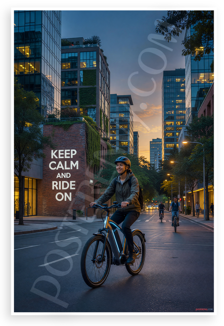 Keep Calm and Ride On Urban E-Bike Cityscape 12x18 US Made Poster