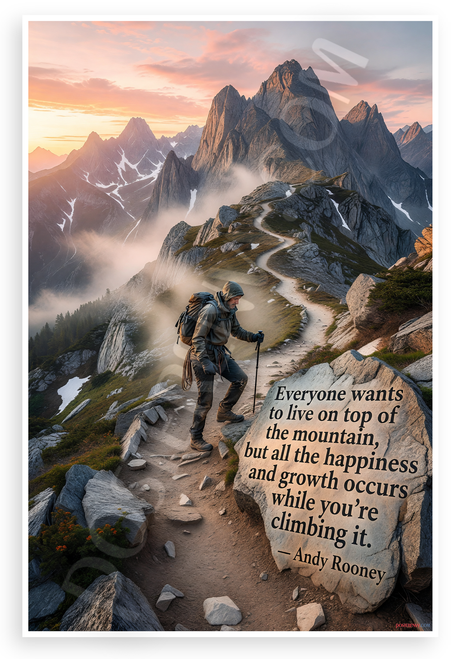 Andy Rooney "Everyone Wants to Live on Top of the Mountain" Inspirational 12x18 US Made Poster
