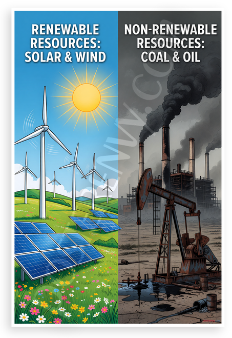Renewable vs Non-Renewable Resources Solar Wind Coal Oil Educational 12x18 US Made Poster