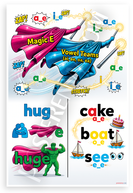 Magic E Vowel Teams Superhero Comic Book Educational 12x18 US Made Poster