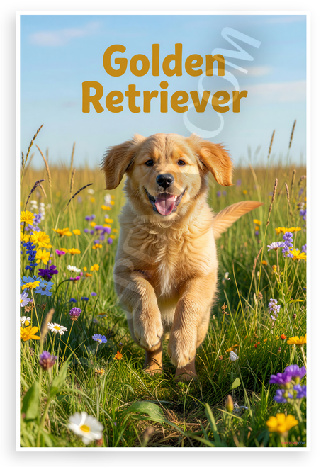 Golden Retriever Puppy Playing in Sunny Wildflower Meadow 12x18 US Made Poster