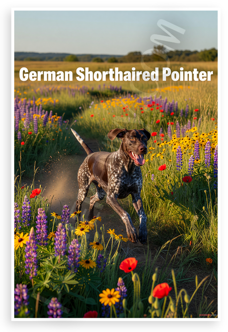 German Shorthaired Pointer Running Through Wildflowers Field Dog 12x18 US Made Poster