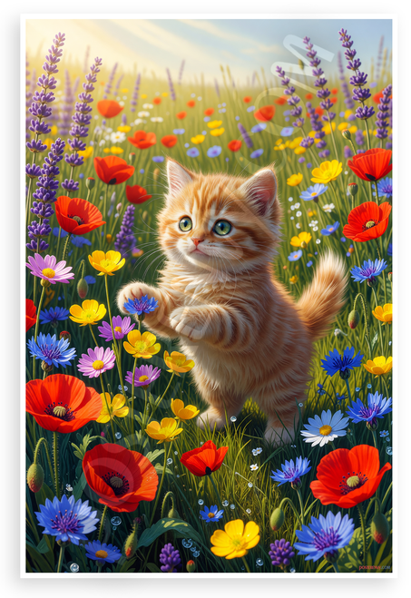 Playful Orange Kitten in Vibrant Wildflower Garden 12x18 US Made Poster