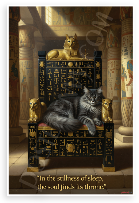 "In the Stillness of Sleep, the Soul Finds Its Throne" Egyptian Cat Throne Inspirational 12x18 US Made Poster