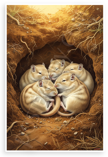 Gerbil Family Cozy Burrow Watercolor Wildlife 12x18 US Made Poster