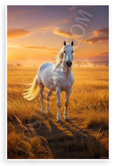Powerful White Horse Golden Pasture Sunset Wildlife 12x18 US Made Poster