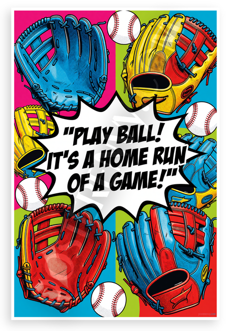 "Play Ball! It's a Home Run of a Game!" Baseball Gloves Pop Art 12x18 US Made Poster