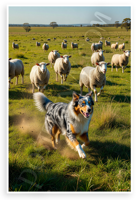 Australian Shepherd Herding Sheep in Green Pasture Wildlife 12x18 US Made Poster